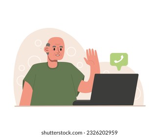 Cartoon character of senior man sitting at table and having video call, looking at laptop screen. Positive seniors spending time indoors. Vector flat illustration in brown colors