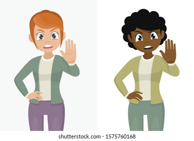 Cartoon character, Serious women shows stop gesture.,vector eps10