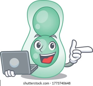 Cartoon character of serratia marcescens clever student studying with a laptop