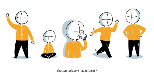 Cartoon character set 1 of hand waving, sitting down, drinking water, running and judging pose