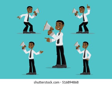 Cartoon character, Set African businessman speaking with a megaphone., vector eps10