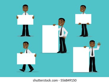 Cartoon character, Set African businessman holding empty white boards., Vector eps10.