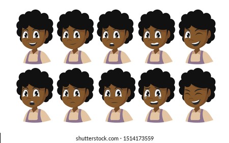 Cartoon character, Set of African girl emotions.,vector eps10