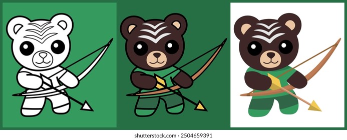 Cartoon character set of Bear as an Archer outline coloring flat vector illustration.