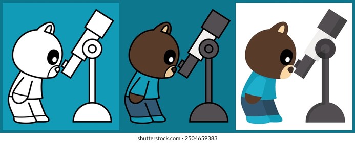 Cartoon character set of Bear as an Astronomer outline coloring flat vector illustration.