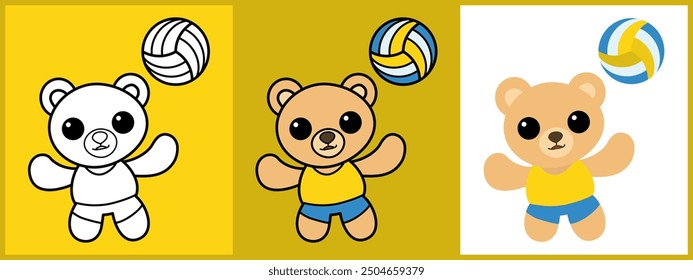 Cartoon character set of Bear as an Athlete outline coloring flat vector illustration.