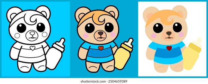 Cartoon character set of Bear as a Babysitter outline coloring flat vector illustration.