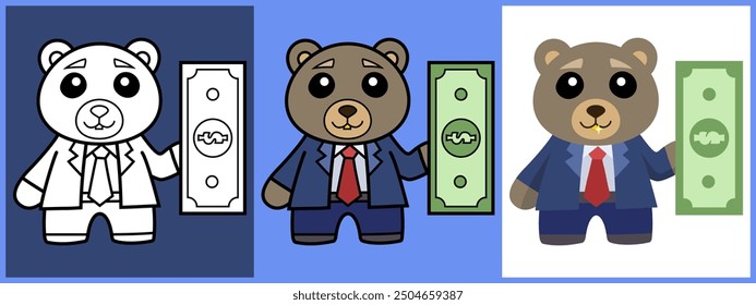 Cartoon character set of Bear as a Banker outline coloring flat vector illustration.