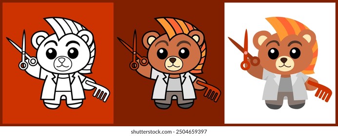 Cartoon character set of Bear as a Barber outline coloring flat vector illustration.