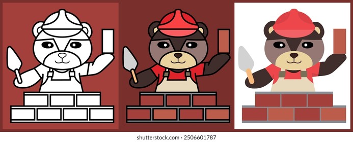 Cartoon character set of Bear as a Builder outline coloring flat vector illustration.