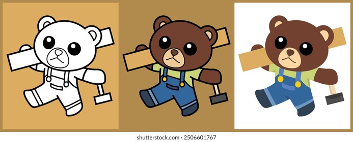 Cartoon character set of Bear as a Carpenter outline coloring flat vector illustration.