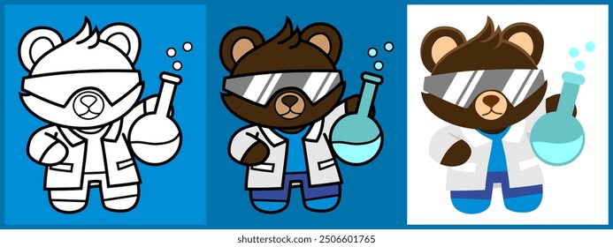 Cartoon character set of Bear as a Chemist outline coloring flat vector illustration.