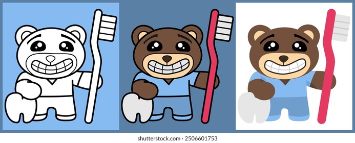 Cartoon character set of Bear as a Dentist outline coloring flat vector illustration.