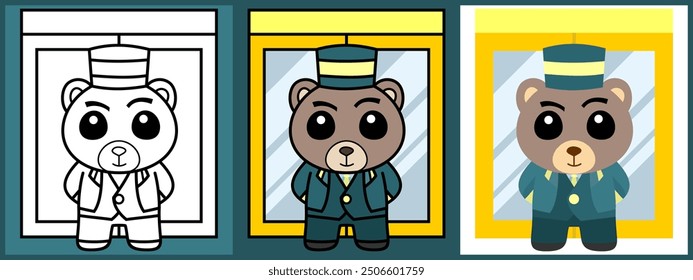 Cartoon character set of Bear as a Doorman outline coloring flat vector illustration.