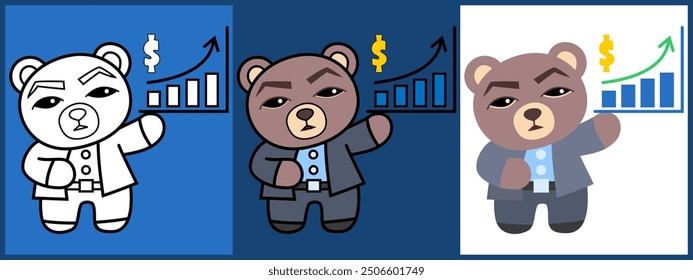 Cartoon character set of Bear as a Economist outline coloring flat vector illustration.