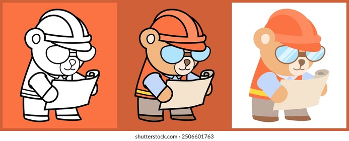 Cartoon character set of Bear as a Engineer outline coloring flat vector illustration.