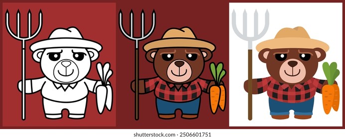 Cartoon character set of Bear as a Farmer outline coloring flat vector illustration.