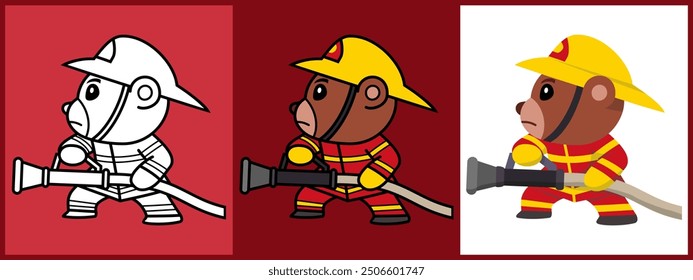 Cartoon character set of Bear as a Firefighter outline coloring flat vector illustration.