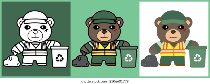 Cartoon character set of Bear as a Garbage man outline coloring flat vector illustration.