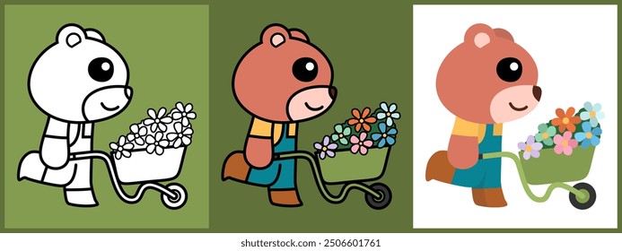 Cartoon character set of Bear as a Gardener outline coloring flat vector illustration.