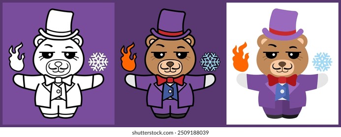 Conjunto de caracteres de desenho animado de Urso como um Magician esboço coloração vetor plana ilustração.