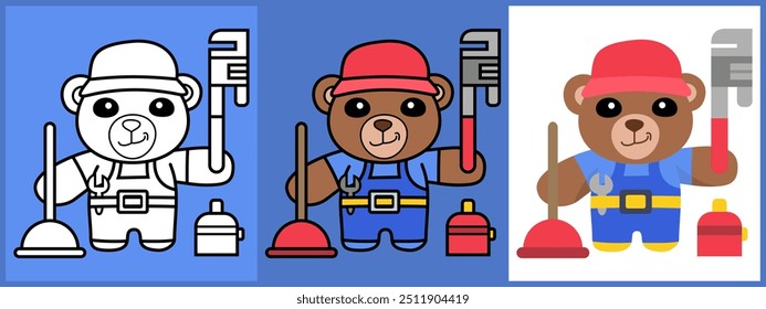 Cartoon character set of Bear as a Plumber outline coloring flat vector illustration.