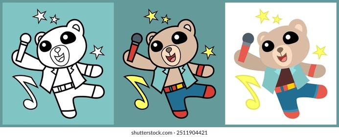 Cartoon Zeichensatz von Bär als Singer Umriss Färbung flache Vektorgrafik.
