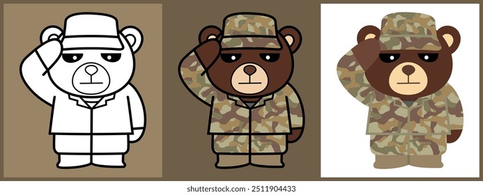 Conjunto de caracteres de desenho animado de Urso como um Soldado esboço coloração vetor plana ilustração.