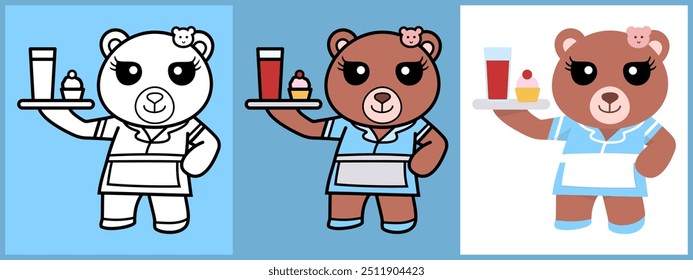 Cartoon character set of Bear as a Waitress outline coloring flat vector illustration.