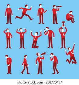 Cartoon Character Set Of Businessman In Various Poses, Trendy Flat Design With Simple Style. 