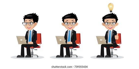 Cartoon character, Set Businessman working on laptop., vector eps10