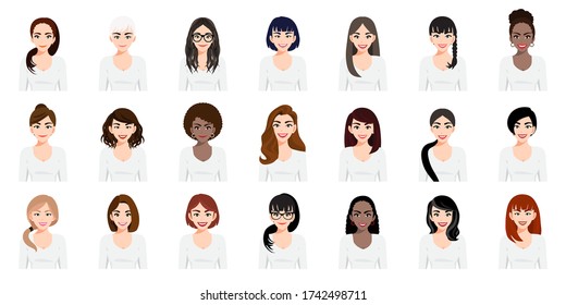 Cartoon character with a set of cute girls with different hairstyles and color in white t-shirt flat icon style design vector