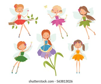 Cartoon character set of cute little fairies. Vector illustration