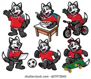 cartoon character set of cute little siberian husky dog