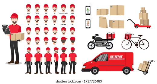 Cartoon character set with a delivery man in a red t-shirt for animation. Front, side, back, 3-4 view character. Vehicles, tools, and box set. Flat vector illustration. 