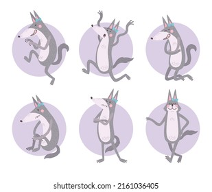 Cartoon character set of happy sad scared sly walking female wolf isolated vector illustration