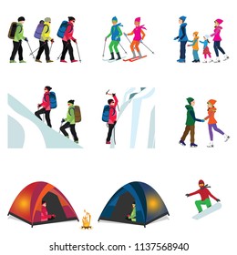 Cartoon character set of Ice climber, Camping in the Snowy ,hiking, skiing, family skating and snowboarding isolated on white, sport and recreation vector illustration.