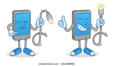 Cartoon character set icons mobile smartphone gadget which keep different  usb cord for charging battery phone one is original good work two not work broken without connect need help repair service.