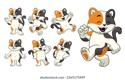 Cartoon Character Set of Joyful Calico Cat