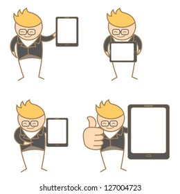 cartoon character set of man with tablet