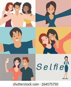 Cartoon character set of man and woman, friends, lovers, taking selfie self-portrait in many style. Simple design can be easy to change color and edited. 