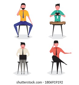 A cartoon character set of man working while sitting on a chair and using laptop