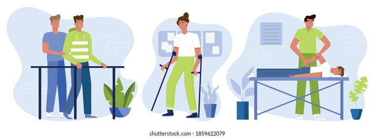Cartoon character set of medical rehabilitation activity in person with disability. Vector illustration in cartoon style.