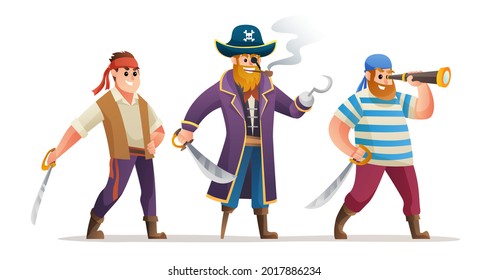 Cartoon character set of pirates captain and soldiers holding sword
