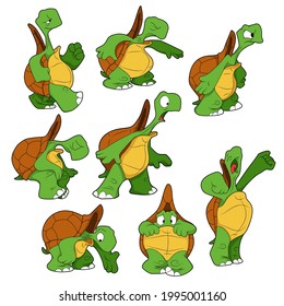 Cartoon character. Set of turtles with different emotions. Isolated on white background. Animal theme. Vector illustration.