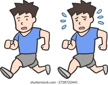 Conjunto de personajes de dibujos animados de un hombre joven que corre con una cara tranquila y una cara de sudor agotada