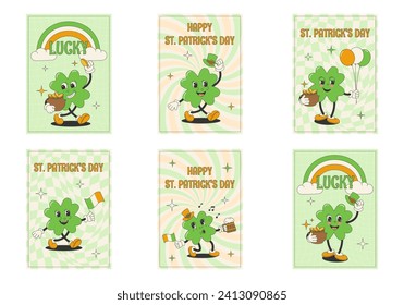 Cartoon character shamrock clover in retro groovy style.Set of greeting cards for St. Patrick's Day. 70s, 80s.Vector stock illustration.