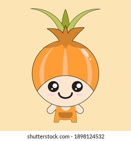 A cartoon character in the shape of a fresh onion with a smiling face. An onion-shaped headgear. The color is pale orange