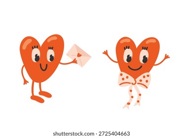 Um personagem de desenho animado em forma de coração envia uma carta de amor. Conceito para uma carta de amor para o Dia dos Namorados ou um cartão de felicitações. Estilo plano.