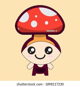 Cartoon character in shape of a mushroom with a smiling face. Mushroom headgear